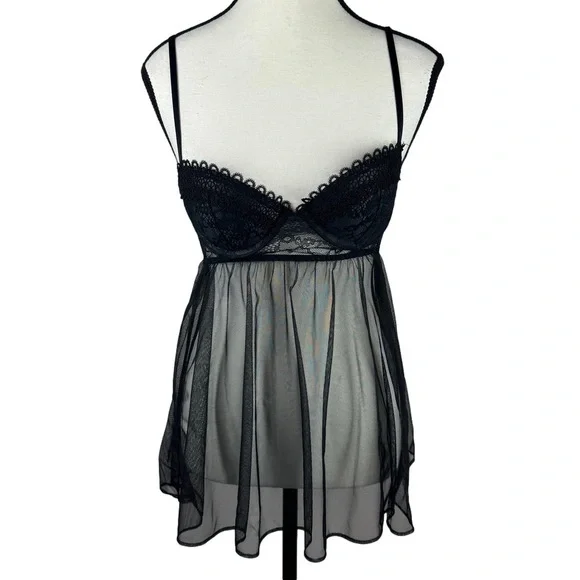 Victoria's Secret Black 34B Romantic Nightie Sheer Chemise Babydoll Lingerie - Picture 2 of 11